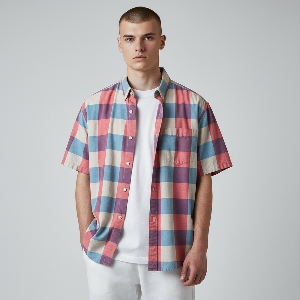 🌻PATAGONIA Coral, White, Blue Check Button-Up Short Sleeve Shirt XL